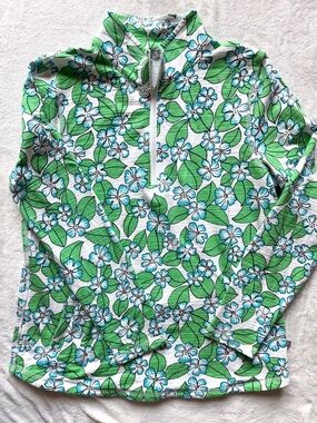 T by Talbots Green and White Floral Quarter-Zip Top